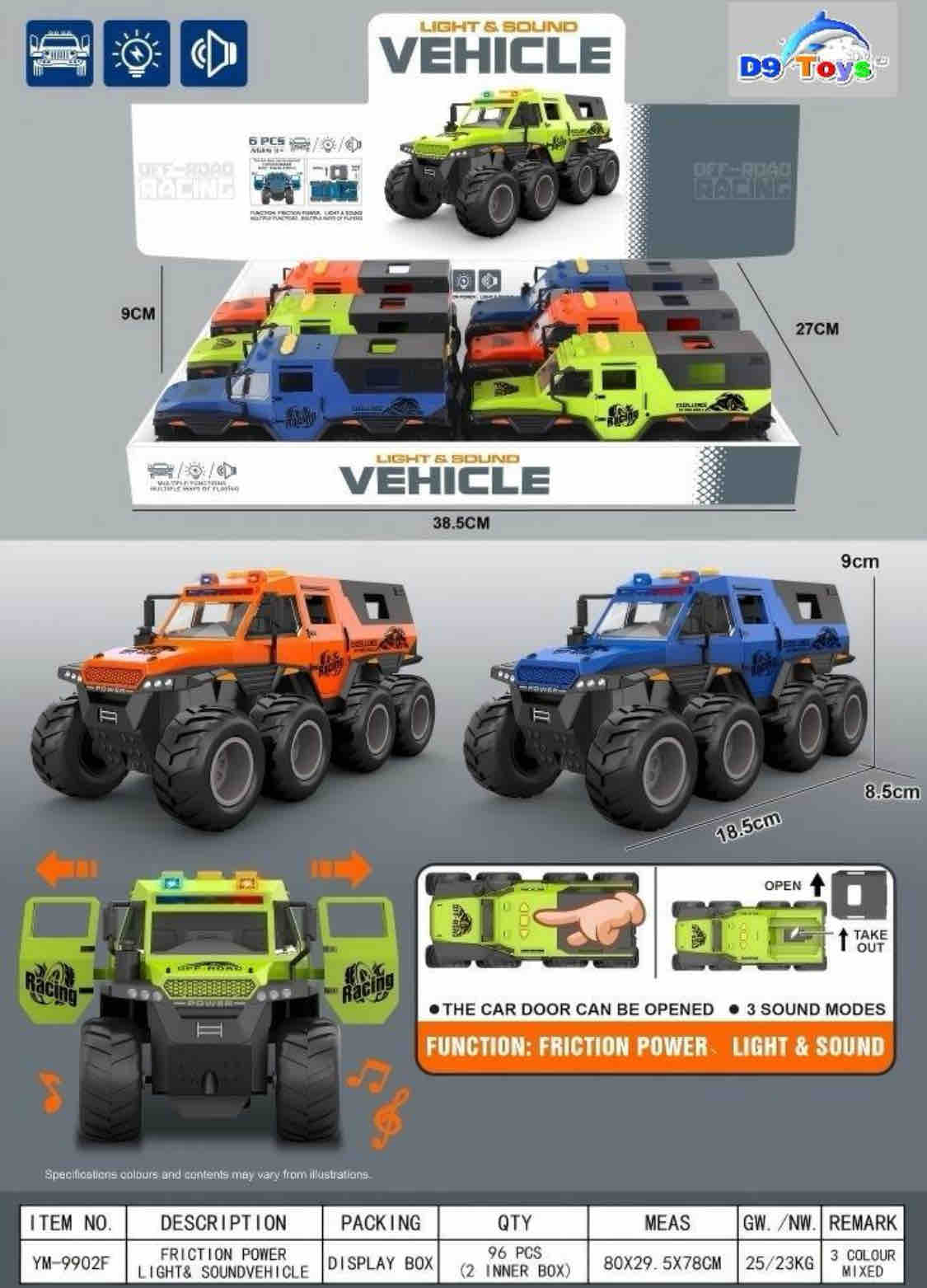 D9 Toys Friction-Powered Light & Sound Vehicle – Interactive Car with Open Doors