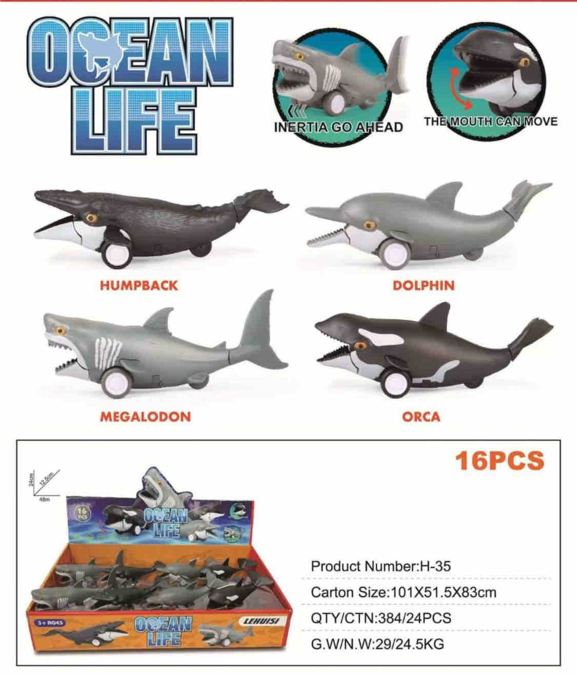 DGEAN Marine Life Inertia Go-Ahead Toys – 16PC Set (Humpback Dolphin, Megalodon, Orca)