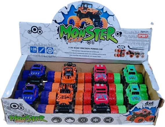 Set of 12 friction-powered monster toy cars with large wheels – mini pull back cars for kids and adults, perfect for racing and stunts; available at online toy shop and online toy stores for those looking to buy cheap toys online.